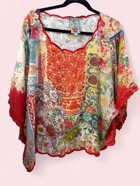 100% Silk Johnny Was Red Multicolor Floral Tunic